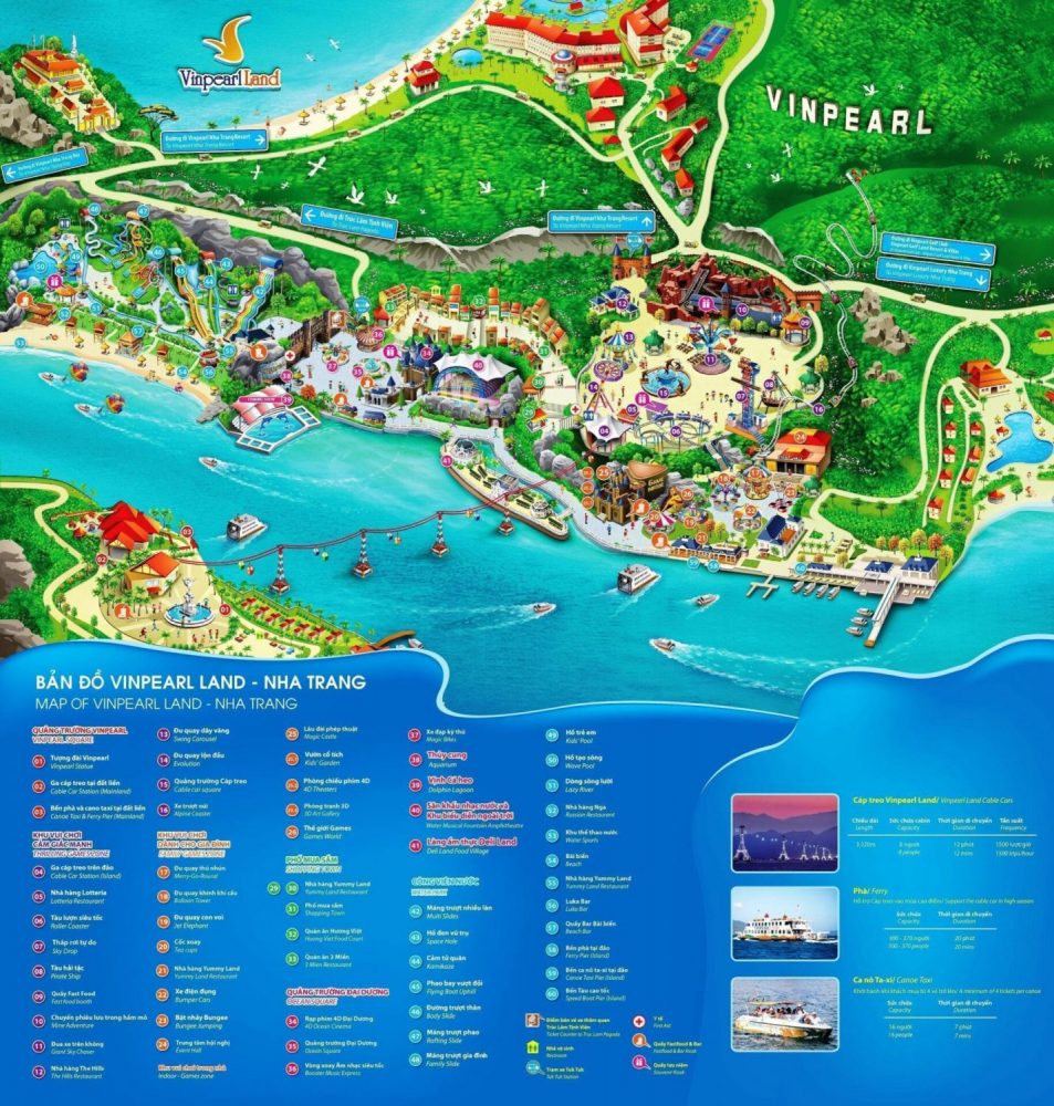 Bản đồ các khu vui chơi giải trí và tắm biển, khu nghỉ dưỡng tại Vinpearl Land Nha Trang
