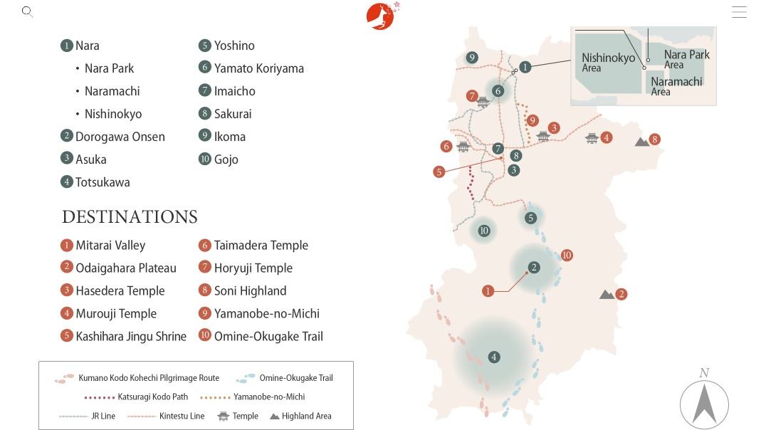 Đây là bản đồ các địa điểm du lịch đẹp của tỉnh Nara. Cao nguyên lau Soni nằm ở ô số 8