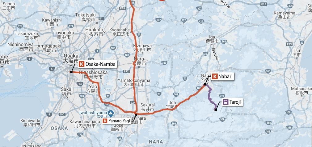 Nếu không xuất phát từ Kyoto thì có thể xuất phát luôn từ ga Osaka Station đi Nabari như bản đồ này là gần nhất
